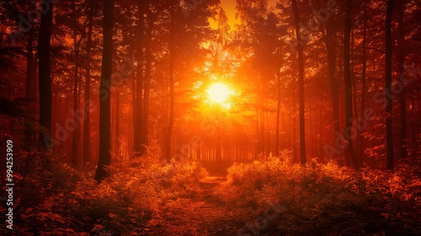 Fototapeta Path through a glowing forest illuminated by an intense orange sunset. The trees are silhouetted against the radiant light, creating an otherworldly and mystical atmosphere.