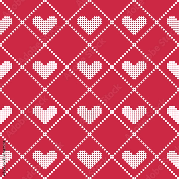 Fototapeta Vector seamless pattern with hearts. White-red background.