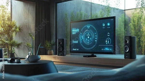 Obraz A smart home entertainment system with voice-activated controls, a large flat-screen TV, and integrated speakers