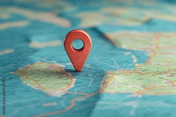 Fototapeta Red location pin pointing on a folded map