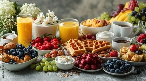 Fototapeta vibrant and wholesome breakfast spread featuring coffee, juice, fruits, waffles, and croissants, ideal for energizing your day with a variety of flavors