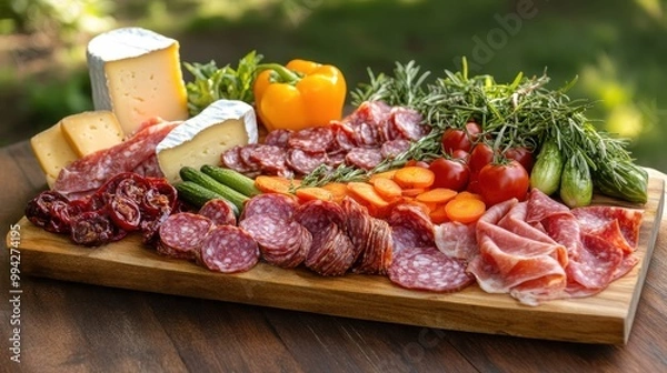 Obraz Charcuterie board is laden with an assortment of cured meats, cheeses, and fresh vegetables, creating an enticing and appetizing spread