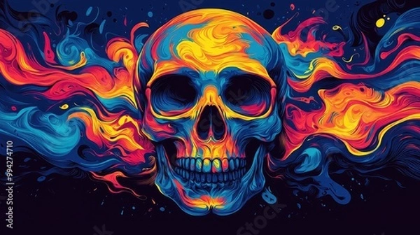 Fototapeta Vibrant artistic skull surrounded by colorful swirling patterns.