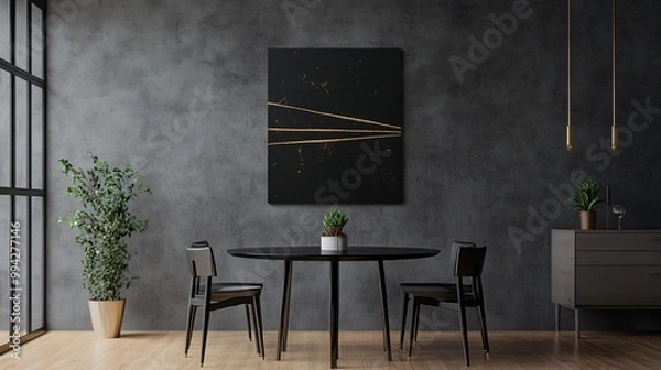 Fototapeta A minimalist abstract painting with thin gold lines on a black canvas, displayed against a matte grey wall in a modern dining room