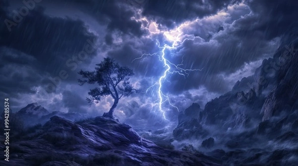 Fototapeta A lightning bolt illuminates a stormy mountain as a tree struggles against the fierce wind.