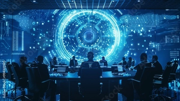 Obraz A group of people are sitting in front of computer monitors with a map of the wo