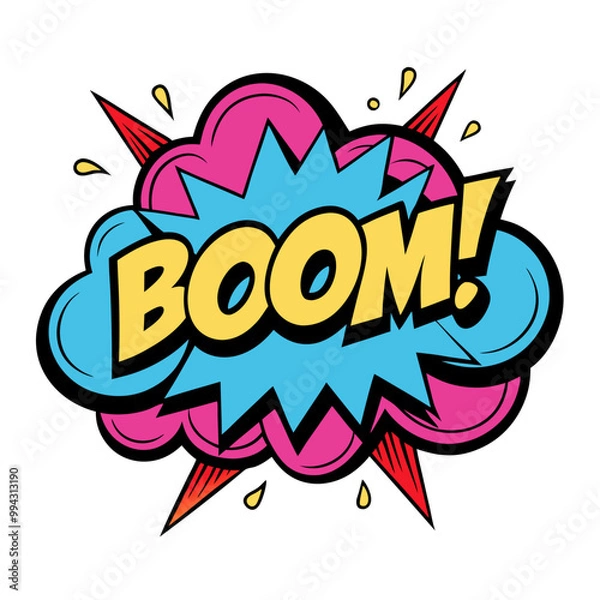 Fototapeta a comic-style illustration featuring the word "BOOM!" in bold, yellow letters with a black outline. The text is set against a blue, jagged explosion shape, which is surrounded by a pink cloud-like
