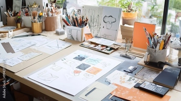Fototapeta A branding design process, featuring sketches, digital designs, and mood boards on a creative workspace