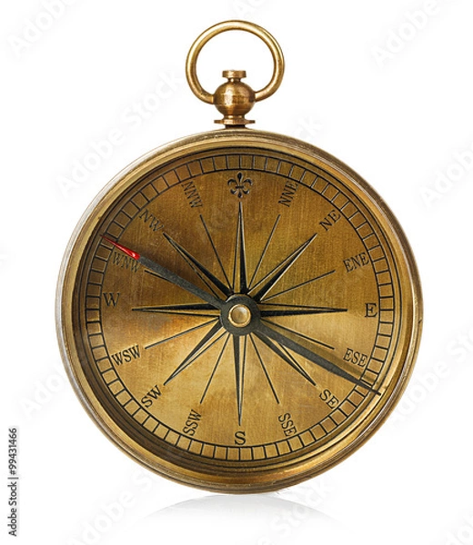 Fototapeta Old vintage brass compass isolated on a white background.
