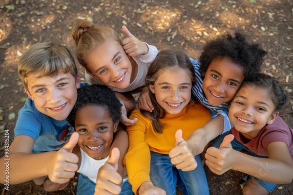 Fototapeta Group of happy diverse young children smile and give a thumbs up sign