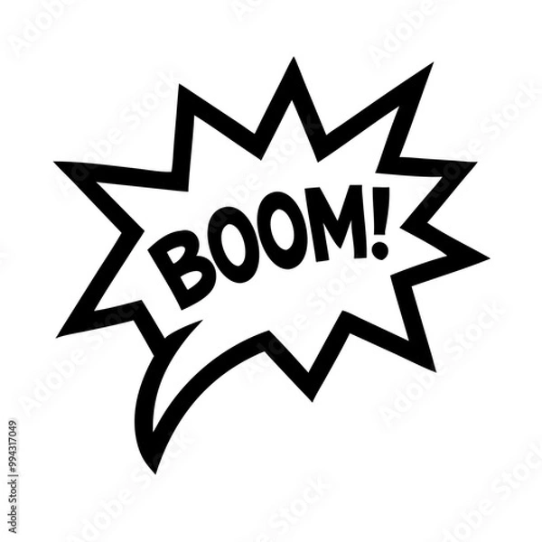 Fototapeta a comic-style speech bubble with a jagged, starburst shape. Inside the bubble, the word "BOOM!" is written in bold, uppercase letters. The design is simple and uses black lines on a white background.