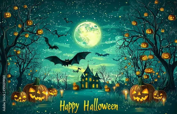 Fototapeta Halloween background with spooky trees, pumpkins and a full moon in the sky