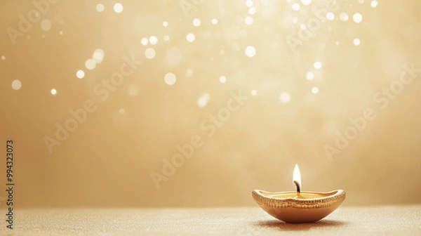 Fototapeta Sleek Diwali Banner with Soft Gold Diya on Pale Cream Background Enhanced by Sparkling Accents