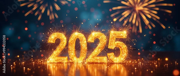 Fototapeta A vibrant, sparkling 2025 sign is showcased with colorful fireworks bursting in the background, creating a joyful atmosphere for New Year celebrations