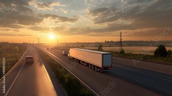 Obraz A white truck and two other trucks on the highway, driving towards the sunset in summer, with fields of wheat under the golden sunlight