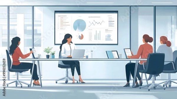 Fototapeta Businesswomen in a Modern Office Setting Analyzing Data