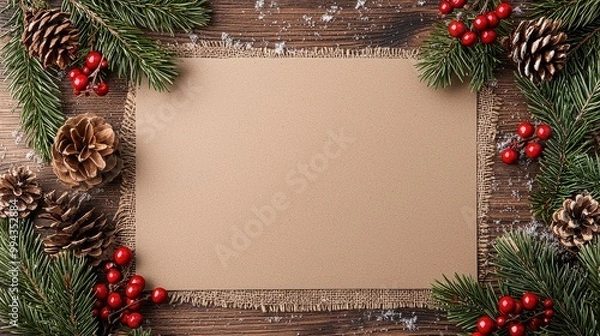 Fototapeta A brown paper with a white border and a bunch of red berries and pine cones on it