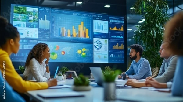 Obraz In a modern office, a diverse team collaborates in a lively marketing strategy meeting.