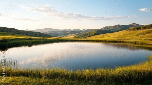 Fototapeta A large body of water surrounded by grassy hills. The water is calm and still, reflecting the sky above. The scene is peaceful and serene