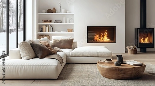 Fototapeta  White corner sofa near fireplace. Scandinavian home interior design of modern living room. 