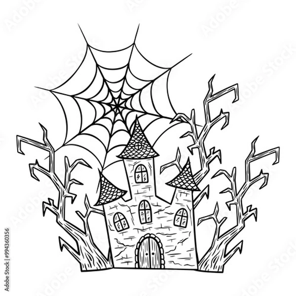 Fototapeta Halloween line art illustration with haunted house, spooky trees and spider web. Abandoned mansion graphic monochrome drawing. Hand drawn outline sketch, engraved doodle. For party invitation