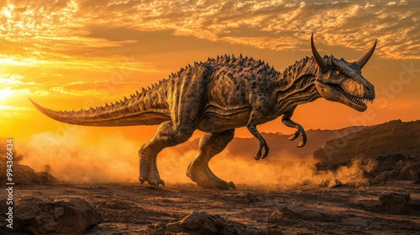 Fototapeta A powerful dinosaur in a rocky, arid desert landscape, dust swirling around its feet as it takes a determined step forward, its horn