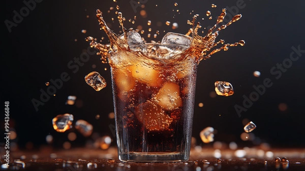 Obraz Sparkling drink splashes from a glass filled with ice cubes in a dimly lit setting