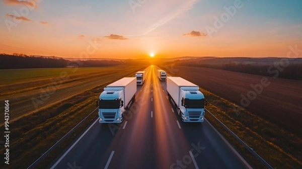 Obraz A white truck and two other trucks on the highway, driving towards the sunset in summer, with fields of wheat under the golden sunlight
