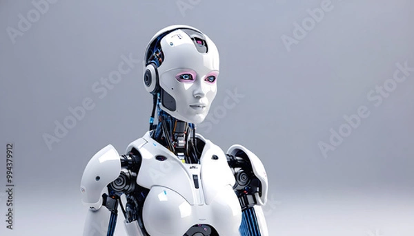 Fototapeta Artificial intelligence robot working at computer in office. IT team, Humanoid support center, Futuristic worker, Work at call center. Generative AI