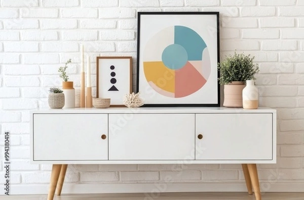 Fototapeta Modern decorative arrangement featuring colorful art and clean furniture in a bright interior space