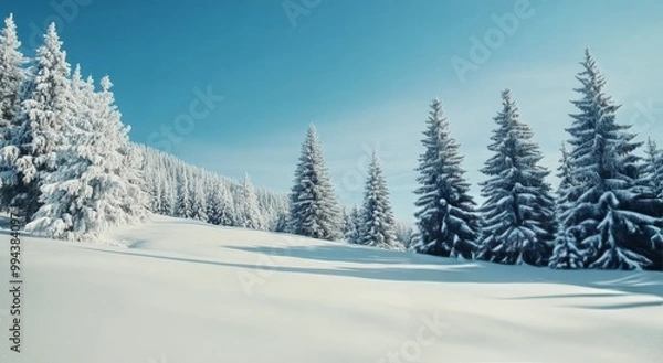 Fototapeta Snow-covered landscape with evergreen trees under a bright blue sky on a clear winter day
