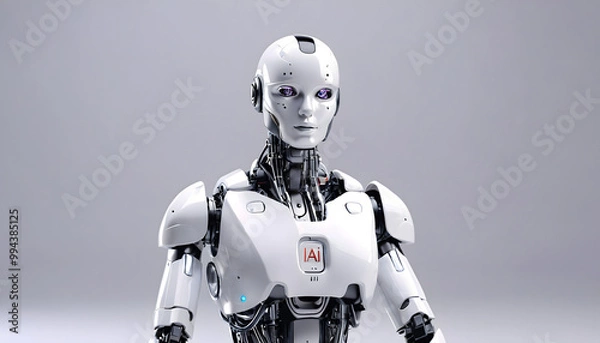 Fototapeta Artificial intelligence robot working at computer in office. IT team, Humanoid support center, Futuristic worker, Work at call center. Generative AI