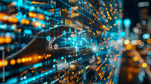 Fototapeta Futuristic Digital Interaction, Hand touching internet particles