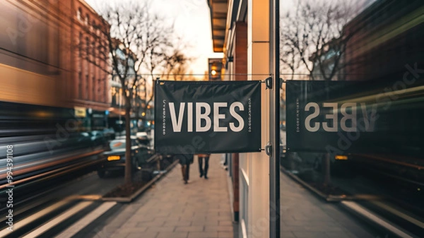 Obraz Black and white sign with the word "VIBES" in a modern city setting. 
