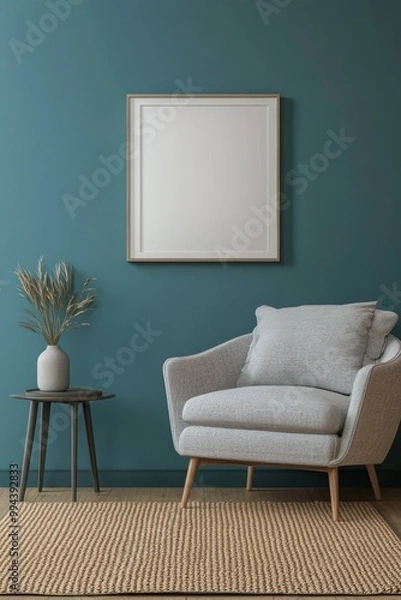 Fototapeta A cozy corner with a gray armchair and a plant against a teal wall in a modern interior space