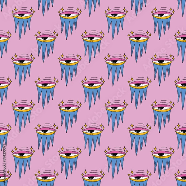 Fototapeta square seamless pattern -sinister eyes for Halloween.Devil eyes in 1970s psychedelic style.Groovy and funky print ornament.A look from a horror movie. Mystical esoteric eye.Witches,astrology and tarot