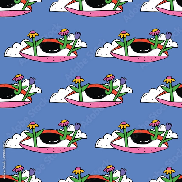 Fototapeta square seamless pattern -sinister eyes for Halloween.Devil eyes in 1970s psychedelic style.Groovy and funky print ornament.A look from a horror movie. Mystical esoteric eye.Witches,astrology and tarot