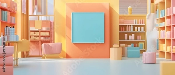 Fototapeta A bright and colorful interior featuring modern furniture and shelves filled with books, perfect for creative inspirations.