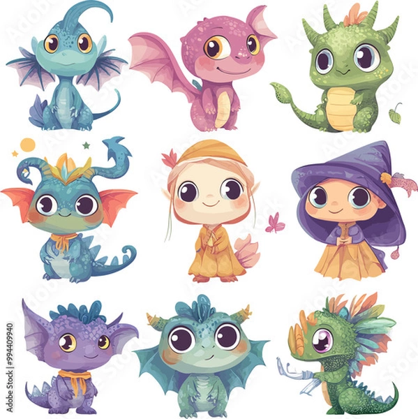 Fototapeta A charming vector set featuring cute fantasy creatures 
