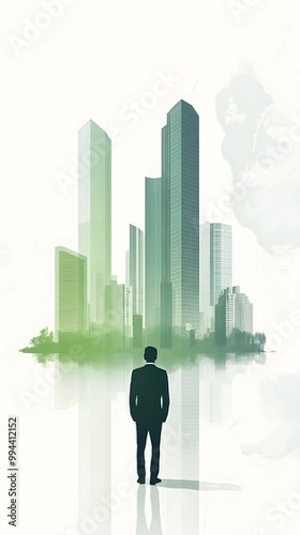 Fototapeta A person in business attire stands before an illustration of green buildings and cityscape, symbolizing the impact on urban life through sustainable building practices
