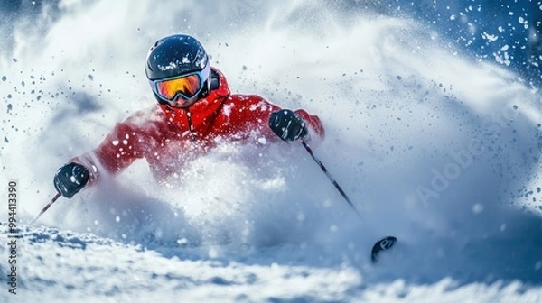 Fototapeta Snowboarding Athlete Carving Through Powder Snow on Snowy Mountain Slope