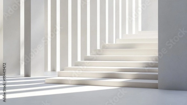 Fototapeta A modern staircase ascends, framed by stark white walls that create a bright and airy atmosphere. Linear shadows cast by sunlight enhance the minimalist design, evoking tranquility and elegance