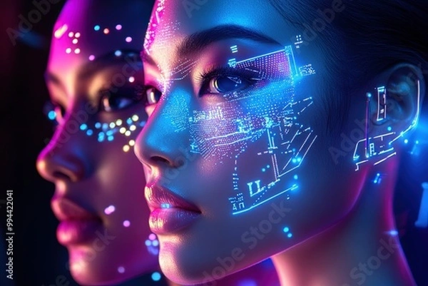 Fototapeta A futuristic concept of a asian robotic woman, blending AI technology with human beauty.