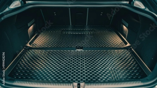 Fototapeta A spacious car trunk with a detailed and textured mat, illuminated by subtle interior lights.
