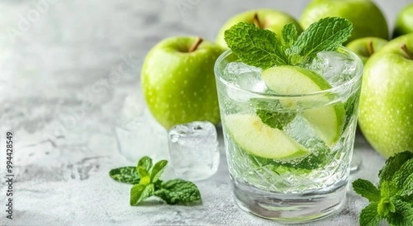Fototapeta Refreshing mint and green apple drink with ice and garnished mint leaves on a light background