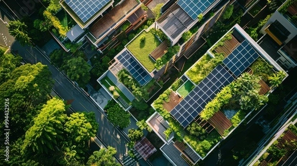 Fototapeta Top-down view of modern buildings with lush green rooftops and solar panels, emphasizing sustainable architecture.