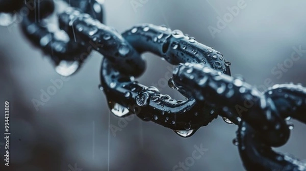 Fototapeta Close-up of a rain-soaked metal chain, with droplets delicately clinging to each link, captured on a gloomy day.