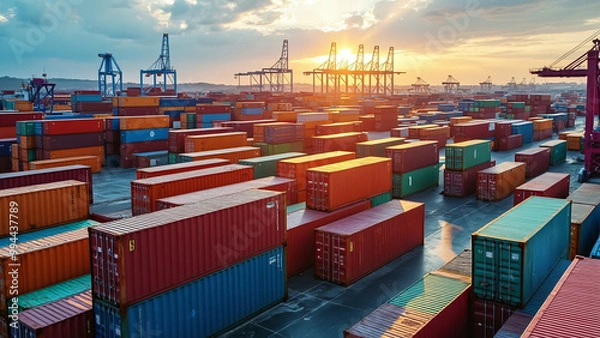 Fototapeta Stack of Colorful Shipping Containers at Sunset