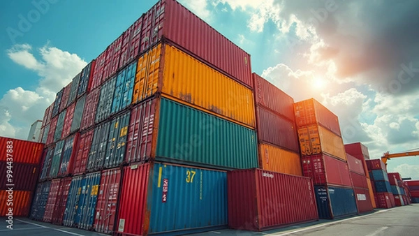 Fototapeta Stack of Colorful Shipping Containers at Sunset
