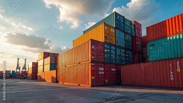 Fototapeta Stack of Colorful Shipping Containers at Sunset